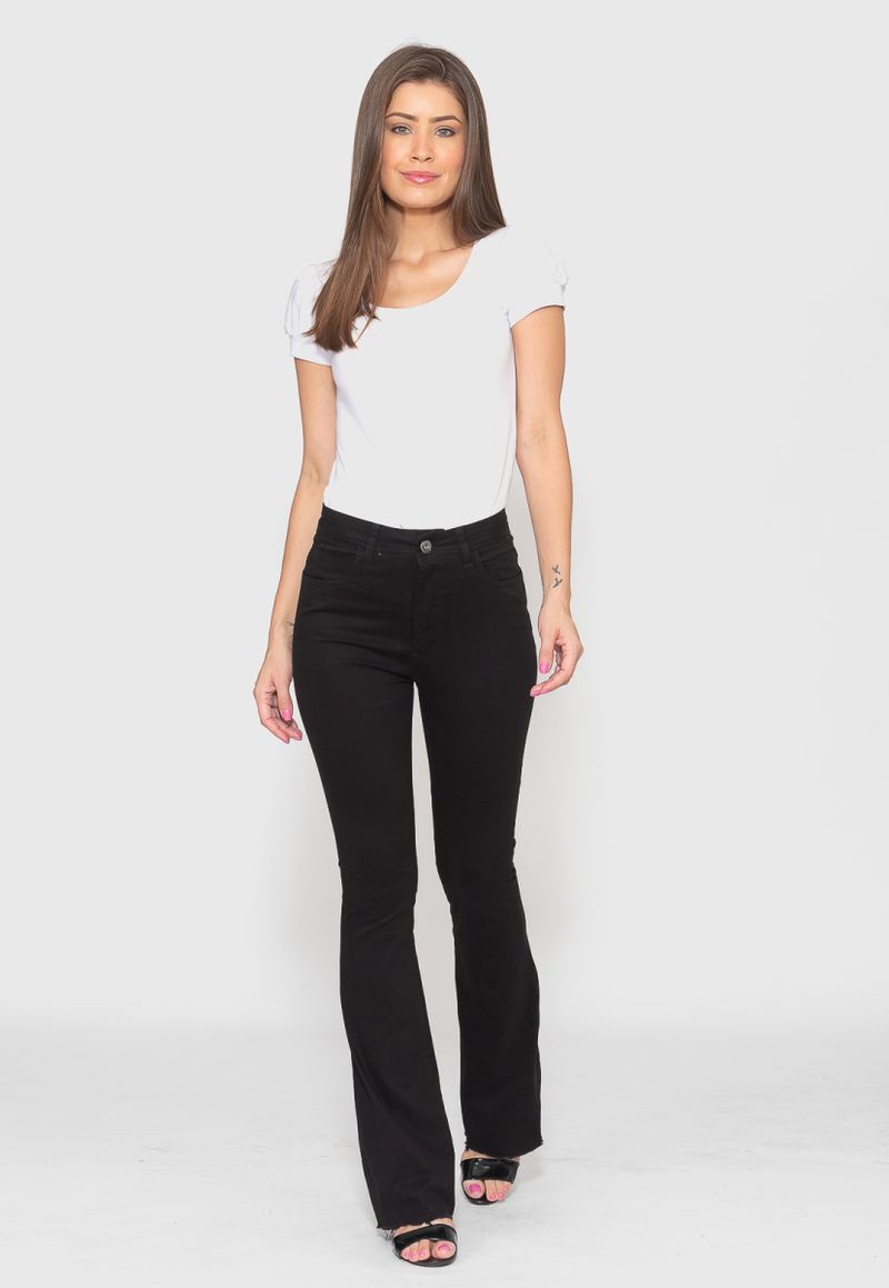 Calça Jeans Flare Preta Cintura Alta Corte Moderno Moda Feminina