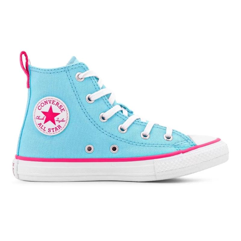 Tenis Infantil Cano Alto Converse All Star Chuck Taylor Azul Claro e Rosa Choque